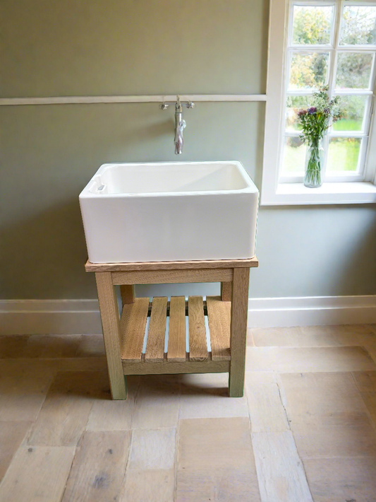 oak Belfast Butler sink stand with slatted shelf.