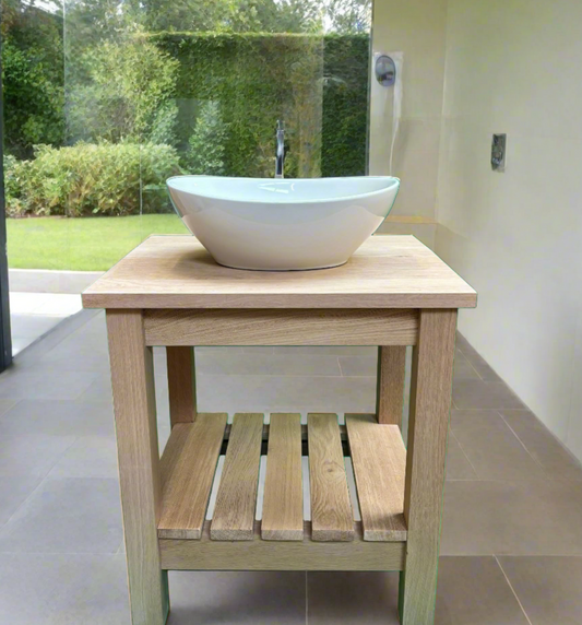 Simple oak wash stand with solid oak top and slatted shelf beneath